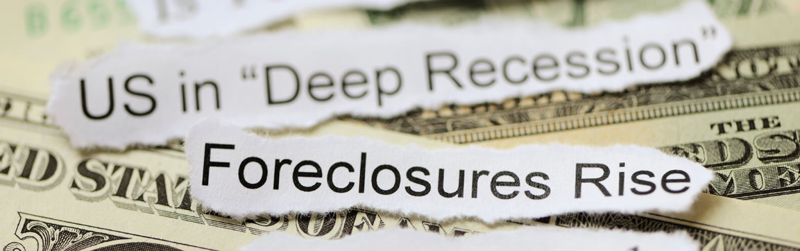 Image of US dollars overlaid with text from two news headlines: "US in Deep Recession" and "Foreclosures Rise" 